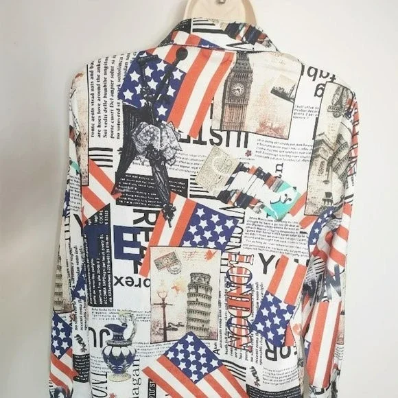 Art to Wear Newpaper Print USA England London Collage Print Button Up Top - Picture 5 of 5